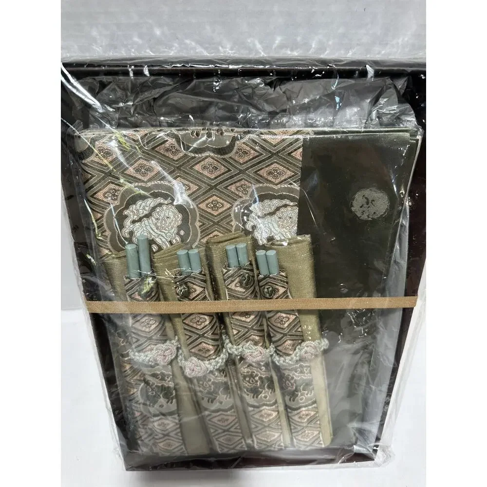 Chinese Arts & Craft Asian Set of 4 Silk Table Placemats + Blue Chopsticks Brown